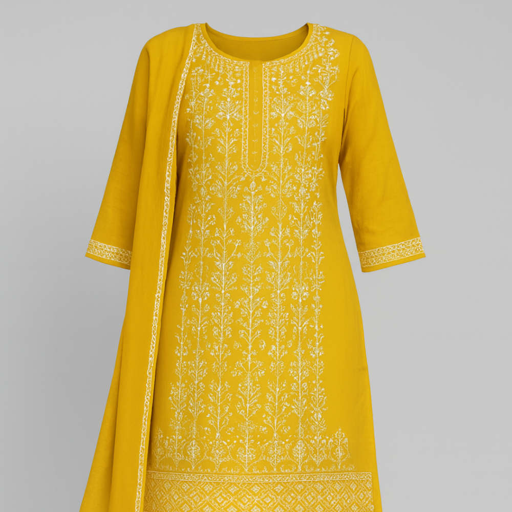 Mustard & Peach Embroidered Three Piece