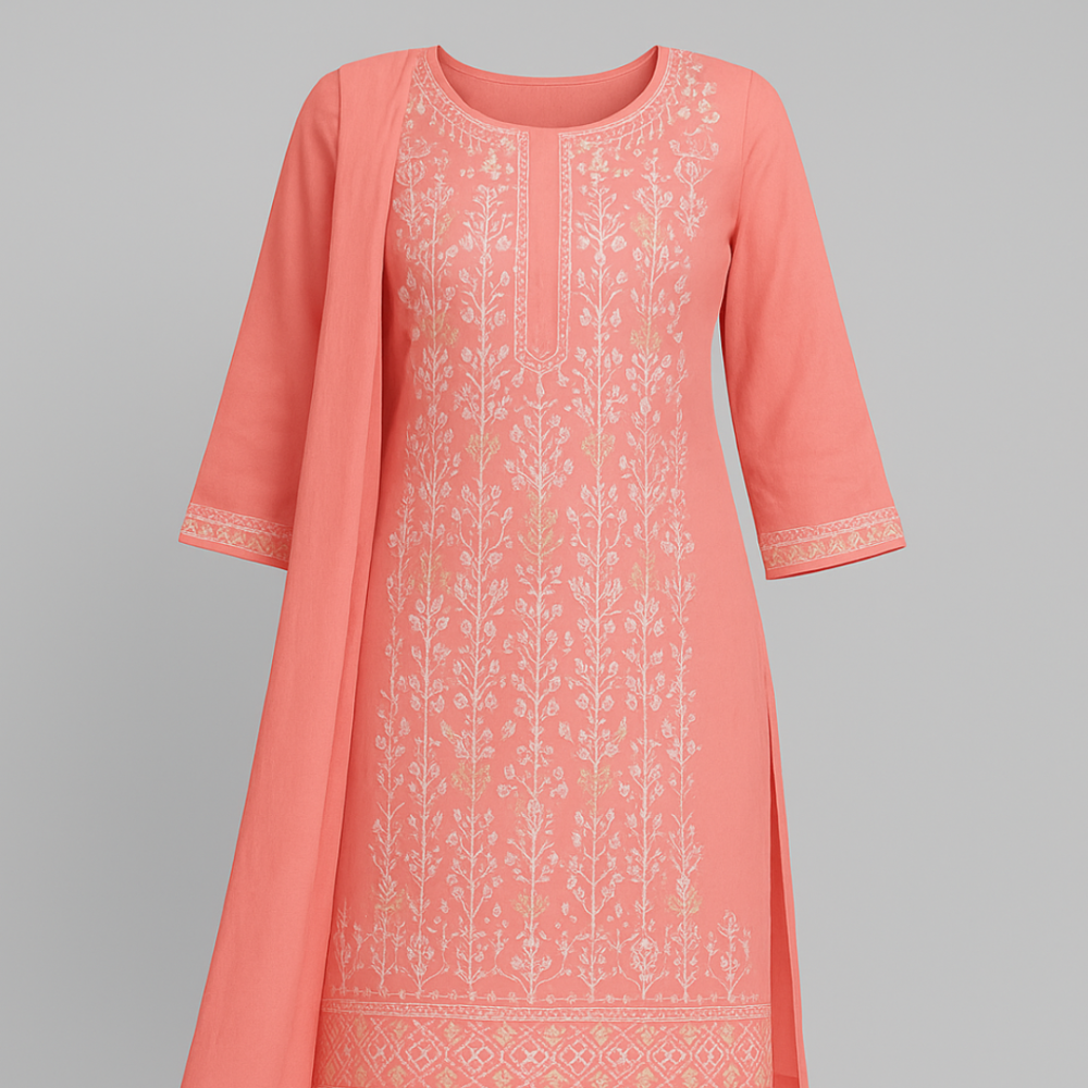 Mustard & Peach Embroidered Three Piece